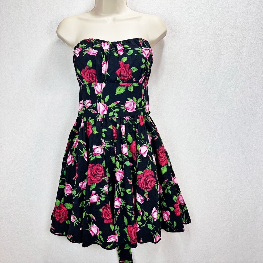 Betsey Johnson Retro Rose Print Bow Dress Size 10 Pin-up Rockabilly Strapless - Picture 3 of 11